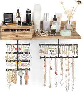 Hanging Wall Mounted Jewelry Organizer Holder with Rustic Wood Drawer & Large Capacity Storage Shelf Rack, Display for Earrings, Rings, Necklaces and Bracelets