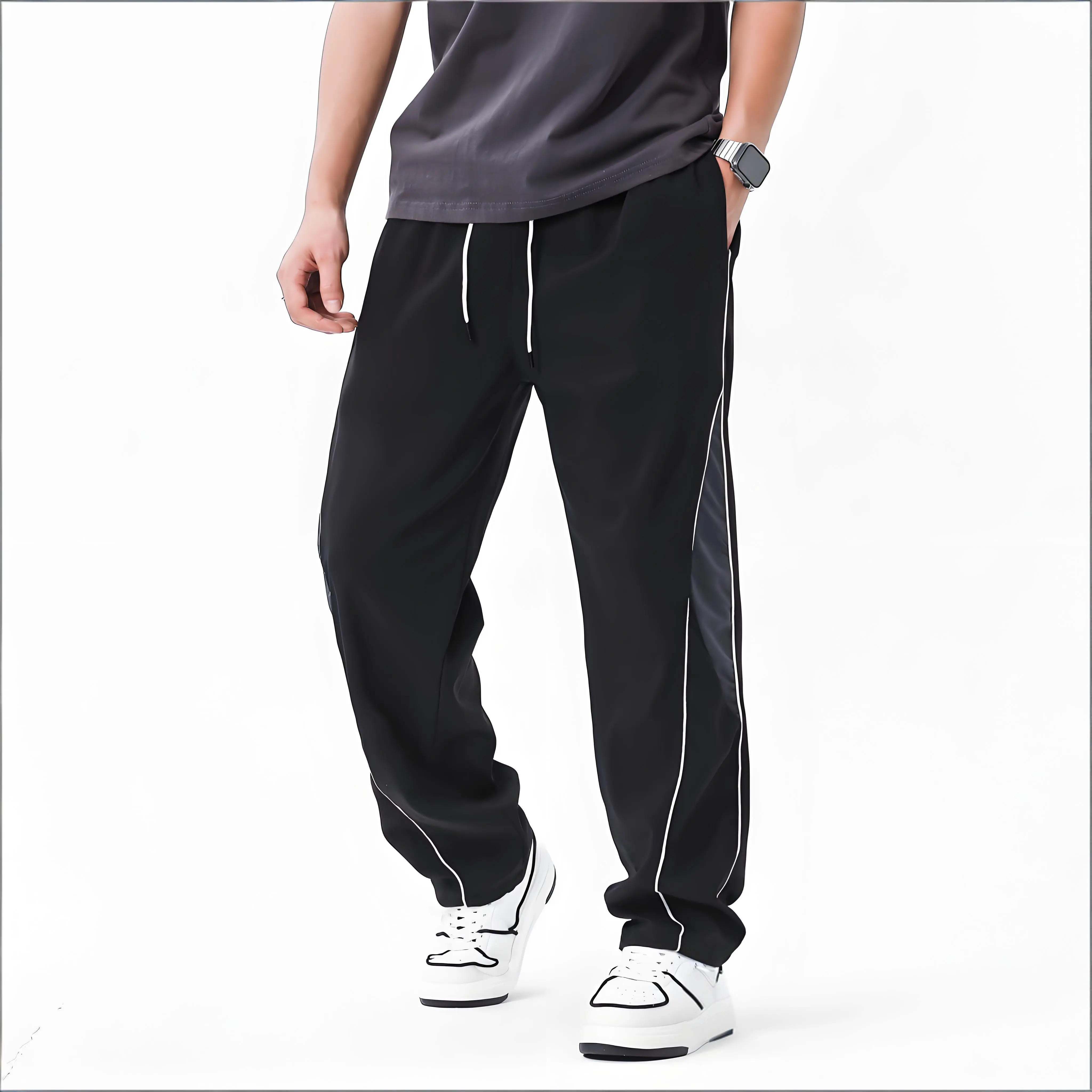 Men's Casual Loose-Fit Drawstring Adjust Jogger Pants - Elastic Waistband, Pockets, Retro Versatile Streetwear, Casual Athletic Jogging, All-Season, Home-Outdoor Use, TikTok Freeship Slacks