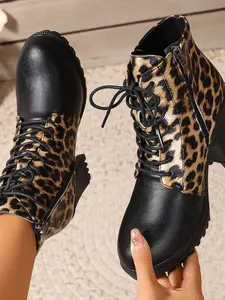 Women's Casual Slip-On High Heel Short Boots, Leopard Print Mid-Calf Ankle Booties with Side Zipper, Comfortable Fall & Winter Shoes Footwear