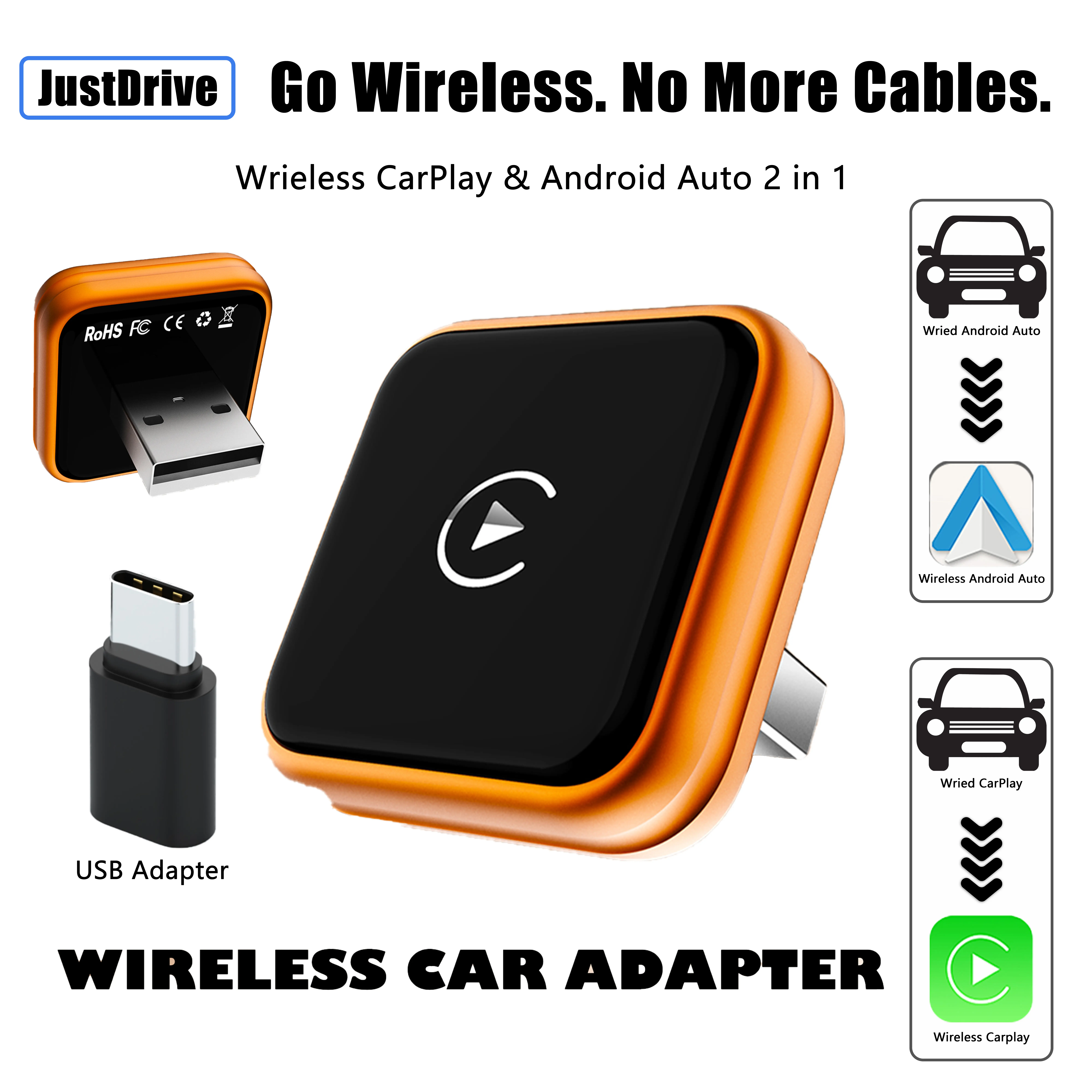 Wireless CarPlay Adapter for Apple iPhone, Convert Wired CarPlay to Wireless, Plug & Play, Fast Auto Connect, Stable Bluetooth & WiFi, Compatible with Most Factory Wired CarPlay Cars 2016+, Orange