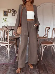 Women's Solid Open Front Top & Wide Leg Pants Set, Casual Long Sleeve Outerwear & Pocket Trousers for Spring & Fall, Women's Clothes for Daily Wear, Blazers