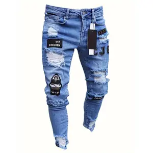Men'S Casual Skinny Fit Jeans, Ripped & Patchwork Embroidered Design, Men'S Versatile Street Style Denim Pants For All Seasons