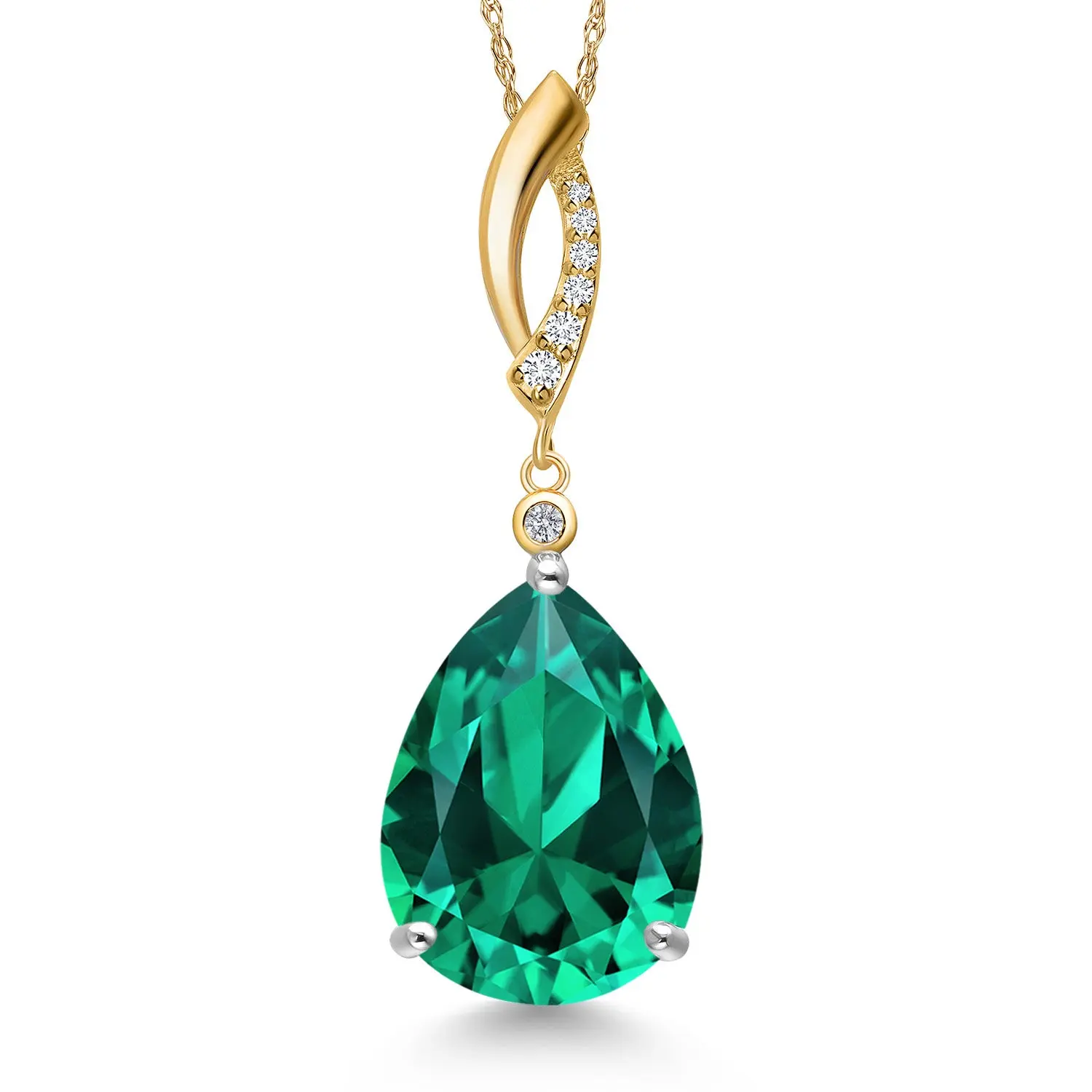 Gem Stone King 925 Silver and 10K Yellow Gold Green Nano Emerald and Lab Grown Diamond Pendant Necklace for Women | 8.33 Cttw | Gemstone May Birthstone | Pear Shape 16X12MM | With 18 Inch Chain