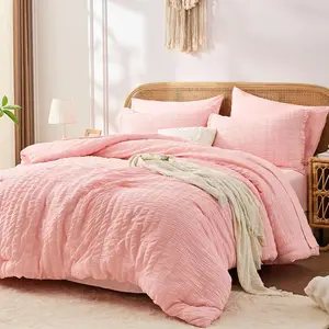 Pink Queen Comforter Set 7 Pieces, Luxury Seersucker Queen Bed Set for All Seasons, Soft Bed in a Bag Queen Size with Comforter, Flat Sheet, Fitted Sheet,