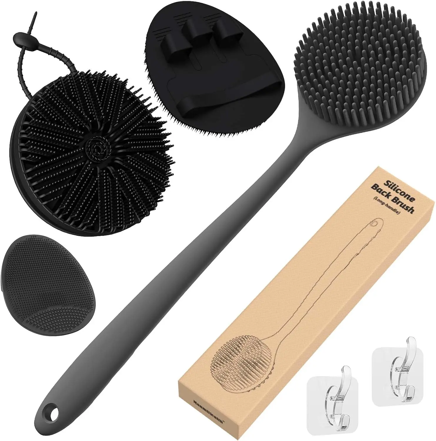 Silicone Back Scrubber Bath Brush Set Thick Bristles Black | 4PCS Super-Exfoliating Body Scrubber & Super-Lathering Soft Shower Brush Combination, with 2 Adhesive Hooks