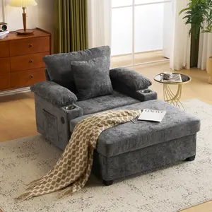 Chaise Lounge Chair Indoor with Ottoman,38.6"W Chenille Sofa with USB Port&Cup Holders,Modern Cozy Chaise with Storage Armrests&Side Pockets,Deep Seat Comfy Sofa for Living Room/Bedroom(Dark Grey)