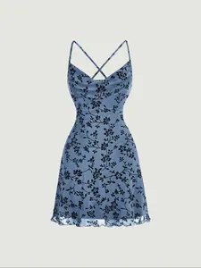 Women's Floral Print Contrast Mesh Cami Spaghetti Strap Sleeveless Short Dress, Casual Lettuce Trim Criss Cross Dress, Ladies' Clothes for Beach Holiday, Casual Dresses