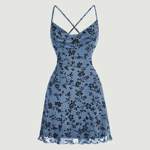 Women's Floral Print Contrast Mesh Cami Spaghetti Strap Sleeveless Short Dress, Casual Lettuce Trim Criss Cross Dress, Ladies' Clothes for Beach Holiday, Casual Dresses