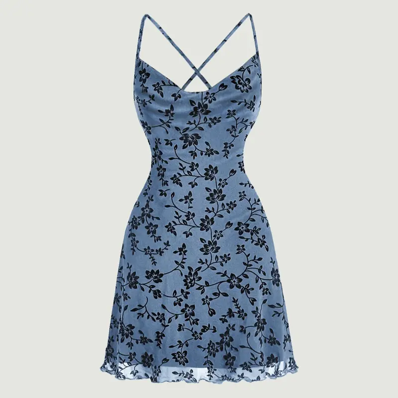 Women's Floral Print Contrast Mesh Cami Spaghetti Strap Sleeveless Short Dress, Casual Lettuce Trim Criss Cross Dress, Ladies' Clothes for Beach Holiday, Casual Dresses