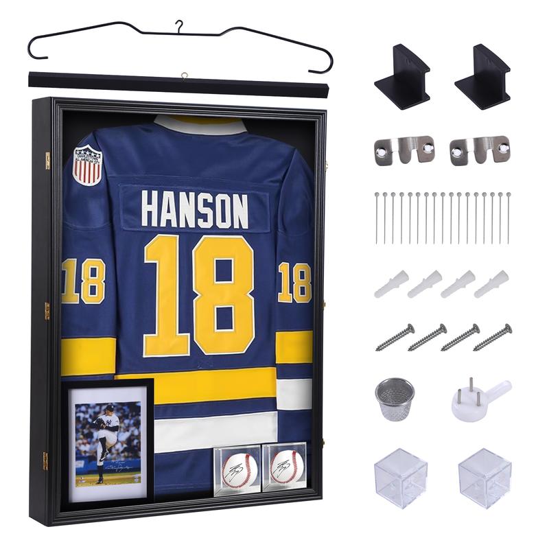 Oversized Jersey Display Case with UV Protection, Shadow Box Frame for Sports Shirts, Dual Baseball Holders, and Photo Slot – Ideal for Showcasing Sports Uniforms, Memorabilia, and Photos