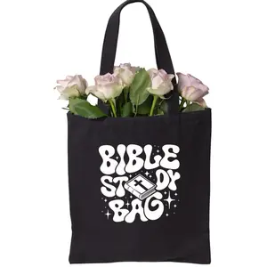 Bible Study Canvas Tote Bag - Black with White Lettering and Cross Design for Religious Use