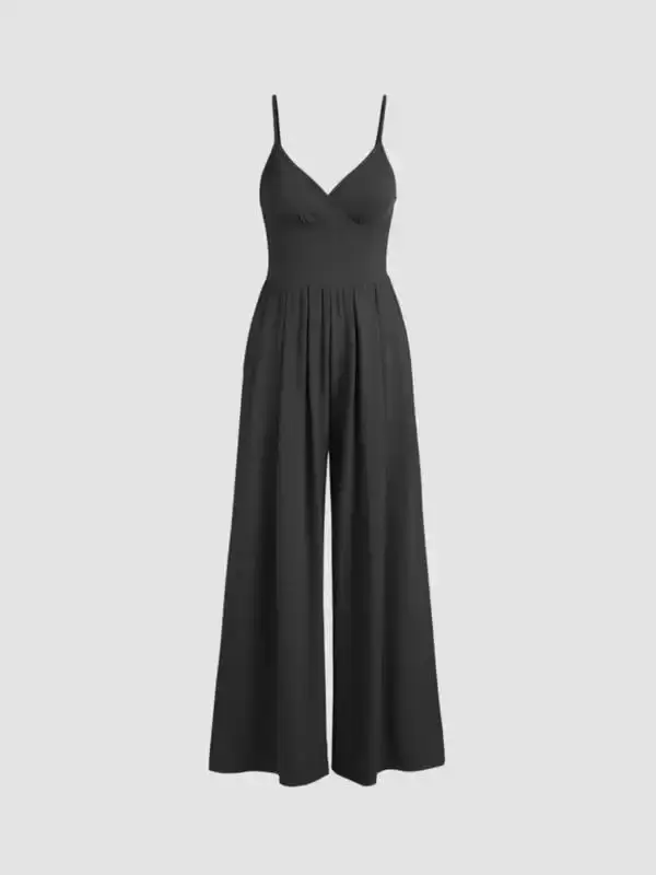 Women's Minimalist  Solid Plicated Wide Leg Cami Jumpsuit, Summer Outfits 2024,    Spaghetti Strap High Waist Jumpsuit Playsuit for Women, 's Clothes Womenswear Overalls, Back to School Clothes