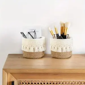 2Pcs Boho Decor Baskets for Pen Pencil Box Container, Comb/Makeup Brush Holder Organizer, Mini Storage Basket Set for School, Home and Office Use