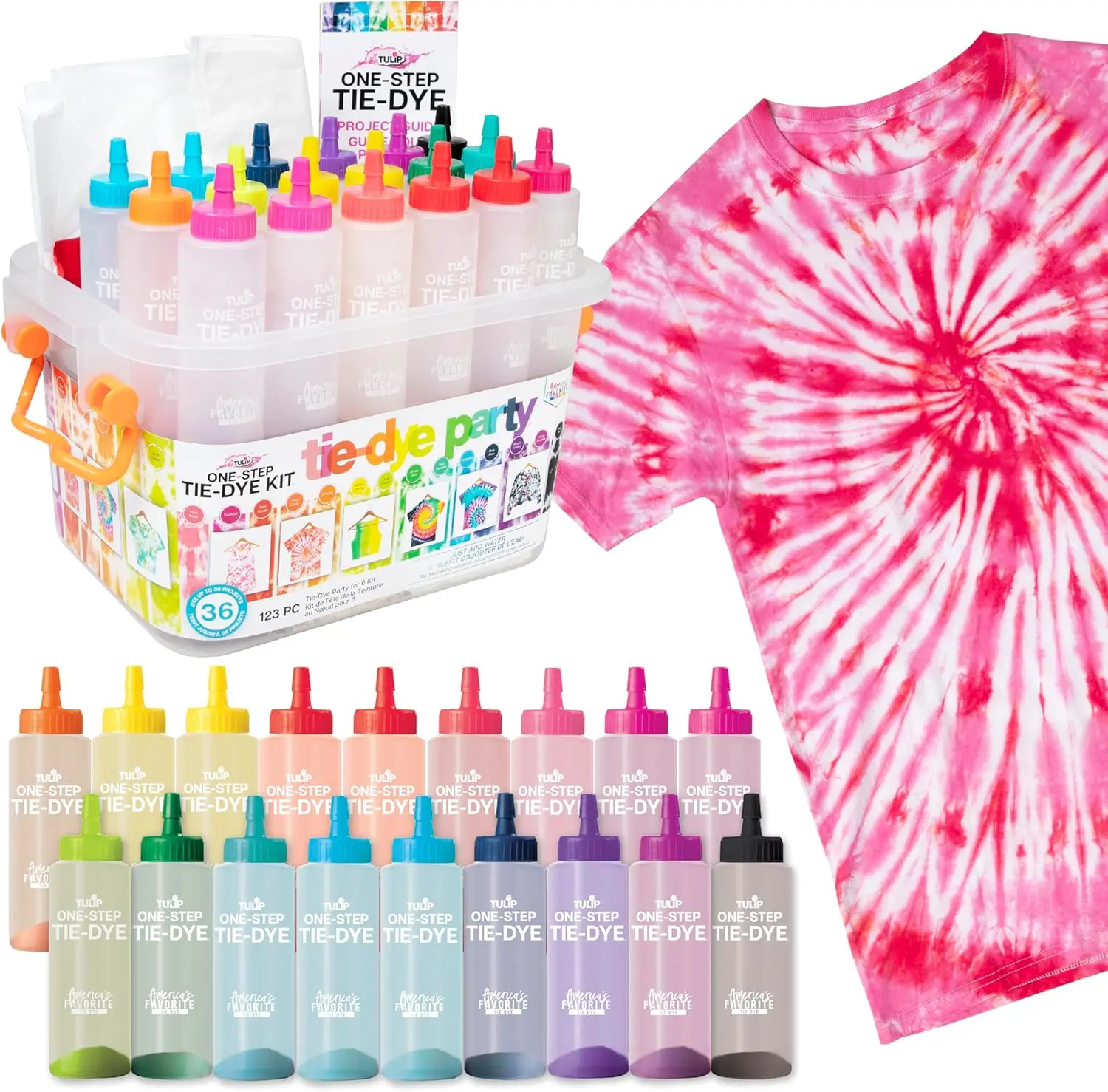 One-Step Tie Dye Kit, Large Group Activity, Gift, 14 Vibrant Colors, Permanent Fabric Dye, Easy Clean-up, 18 Prefilled Full-Size Bottles and Tools