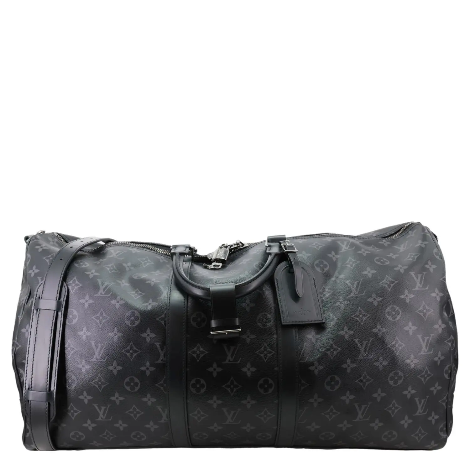 Pre-owned Louis Vuitton Monogram Eclipse with Leather trim Travel bags Keepall 55 Bandouliere Monogram Eclipse Travel Bag Black