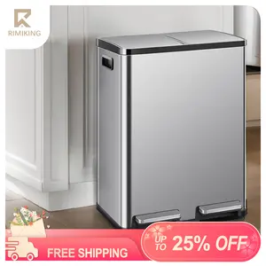 RIMIKING dual-compartment stainless steel trash,Soft Close Lid,Durable Foot Pedal,PP Plastic Inner Buckets,Fingerprint-Resistant Finish, Fingerprint-Resistant Finish, LJT-ST60L
