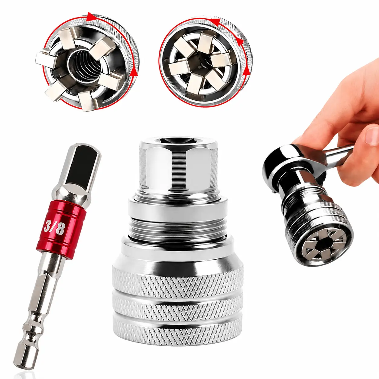 Universal Adjustable Socket Wrench with Adapter, 10-19mm, 3/8''-3/4'' Ratchet Wrench, Updated Adjustable Drive Socket Wrench Sleeve for 3/8" Drive Ratchet Torque Wrench and Power Drill