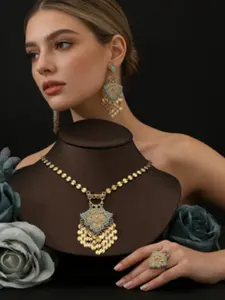 Vintage Middle Eastern Turquoise Jewelry Gift Set, Round Disc Bell Necklace Earrings Ring Trio, Casual Stainless Steel Accessories
