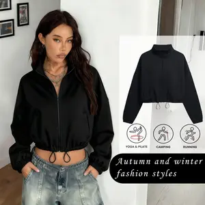 Women's Black Cropped Jacket Commuter Chic Fall Streetwear Soft Stretch Polar Fleece Hoodie Comfortable Daily Wear Top Built-in Zip Slim-fit Long Sleeve T-shirt Oversized Motorcycle Bomber Coat