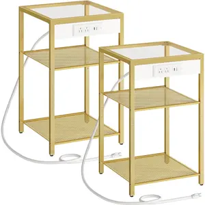 End Tables Set of 2 with Charging Station, Side Tables with USB Ports & Power Outlets, 3-Tier Slim Nightstands with Storage Shelves, Tempered Glass, for Living Room, Bedroom, Gold GD77UBZP201