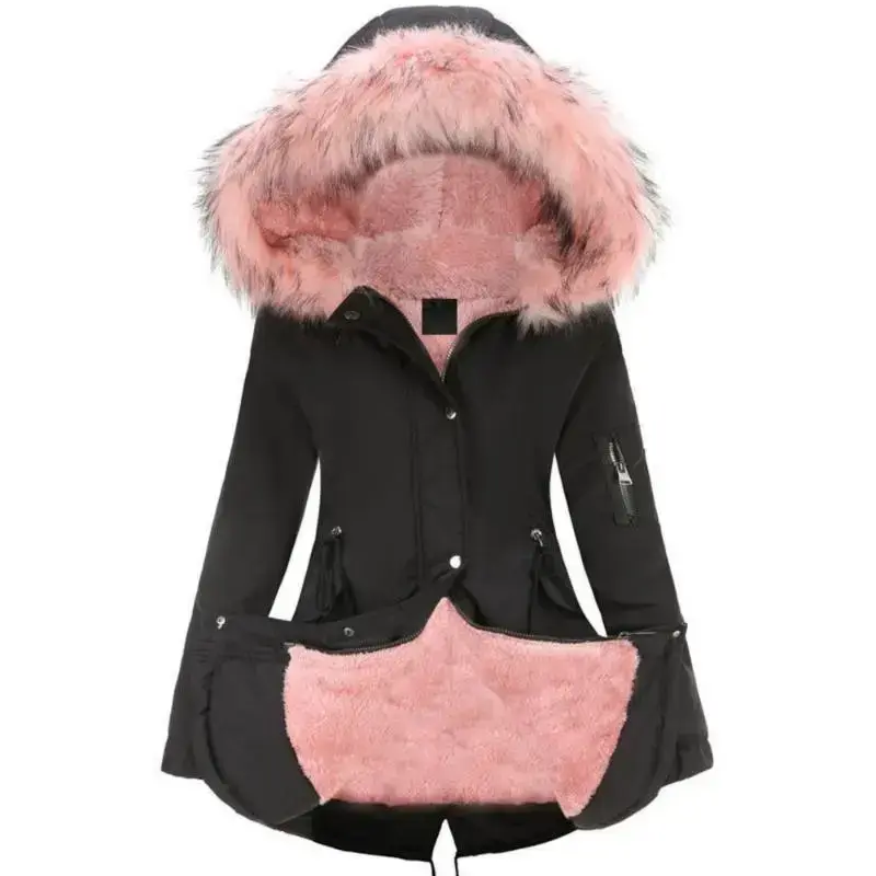 Zip Up Furry Hoodie Parka, Casual Warm Long Sleeve Drawstring Waist Faux Fur Lined Warm Fall/Winter Jacket, Women'sGift