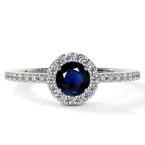 Classic Round Blue Sapphire Halo Ring with Prong Set Diamonds (0.93cttw)- RBS001-5X5-AA