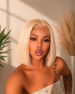 Human Hair Lace Front Wig, #613 Blonde 10-Inch Bob, 13x4 Transparent Lace, 200 Density