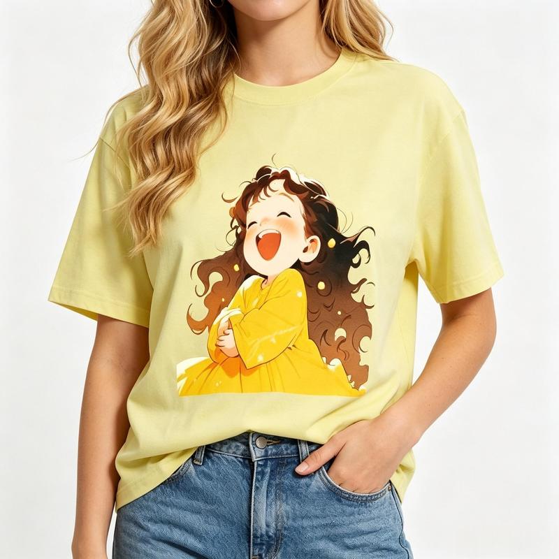 Women's Oversized Comfortable Light Yellow Short-Sleeve T-Shirt - Kawaii Curly Hair Laughing Print, Y2K Aesthetic Streetwear, Beach & Summer Casual Top
