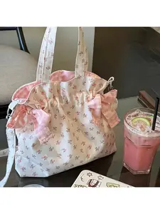 Floral Canvas Stylish Tote Bag for Women | Adjustable Strap & Bow Accent | Large Capacity Shoulder Bag for Spring & Summer Lightweight Canvas Bag Fashionable Patterned Bag