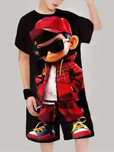 Boys' Cool Cartoon Character Set, Summer Stylish Spider Web Print Short Sleeve Shorts Two-Piece Set, Casual Fitted