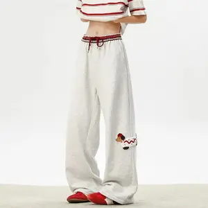 Heavyweight Dachshund Embroidered Sweatpants with Unique Waistband Design Draped Wide-Leg Sports Pants for Comfortable Everyday Wear