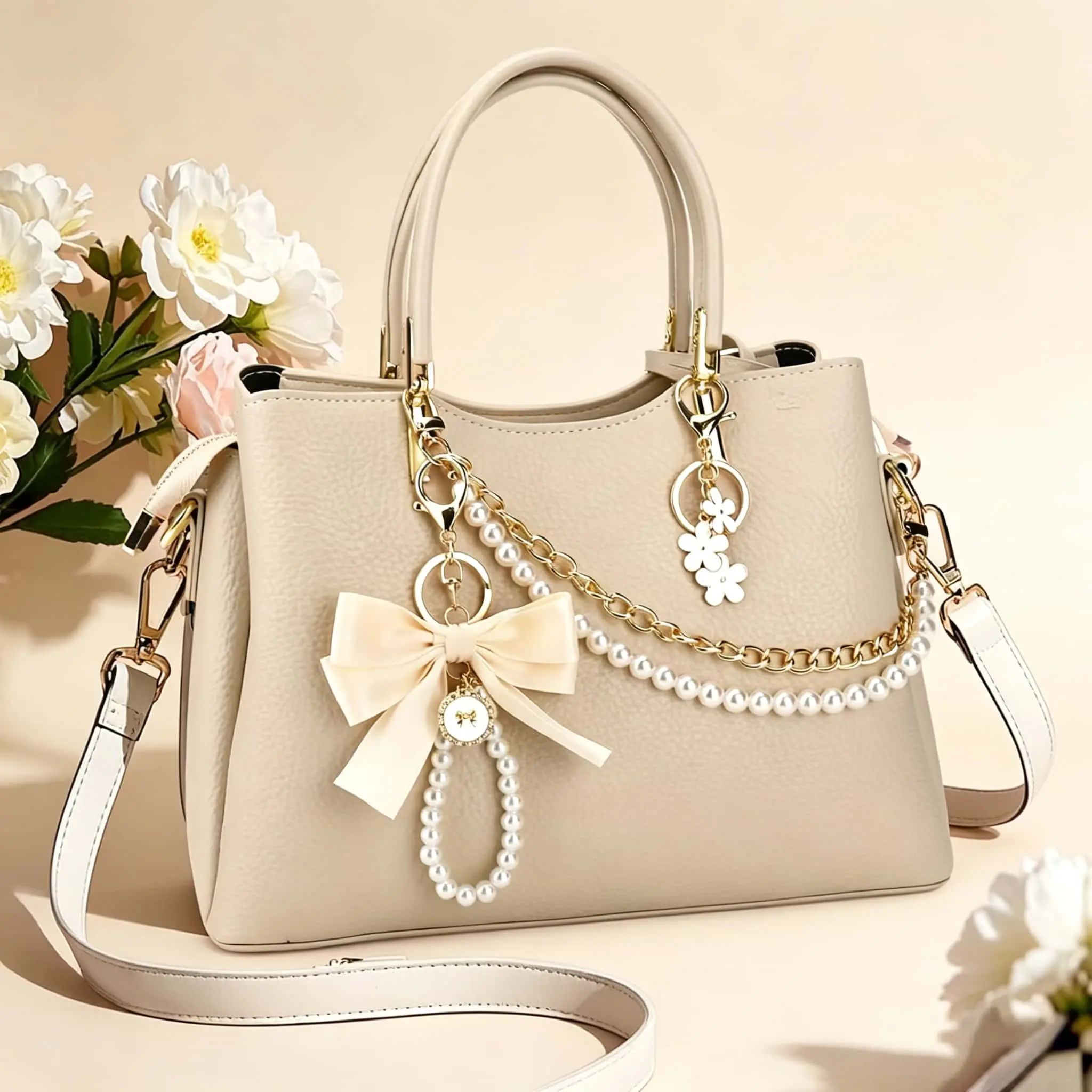 3Pcs Elegant Gold‑Tone Pearl Bag Charms & Keychain Set, Trendy Metal Handbag Pendant Accessories, Dainty Pearl Embellished Shoulder Strap Decor, Aesthetic Iron Alloy Hardware for Women’s Crossbody Purse, Wallet & Shoulder Bag Daily Styling