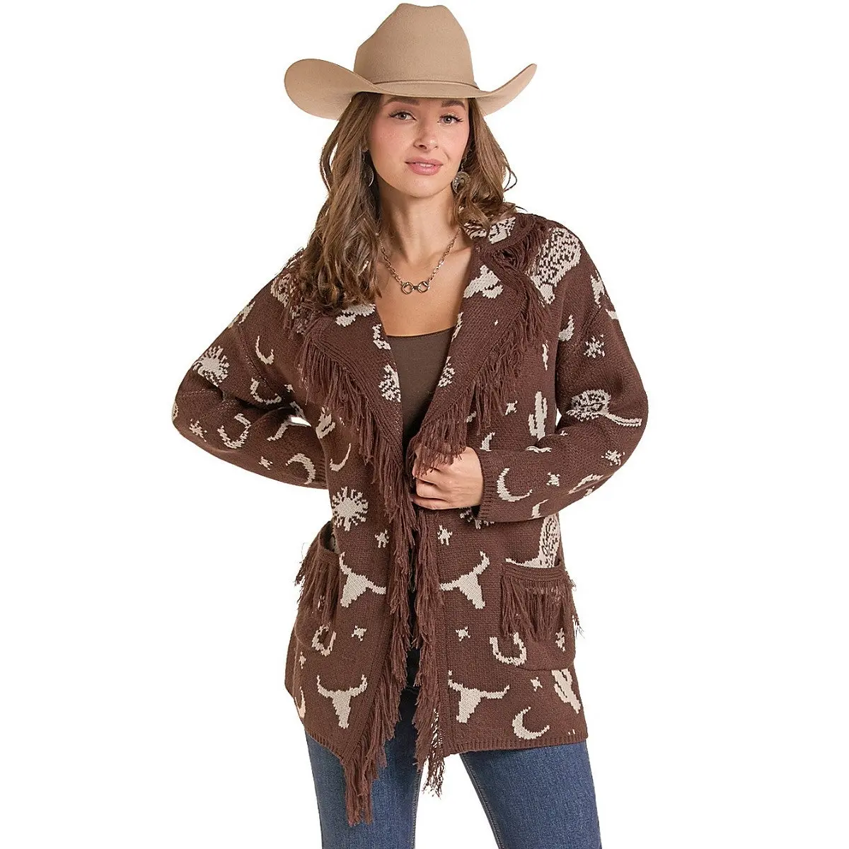 Rock & Roll Denim Ladies Chocolate Western Print Cardigan BW95T09414