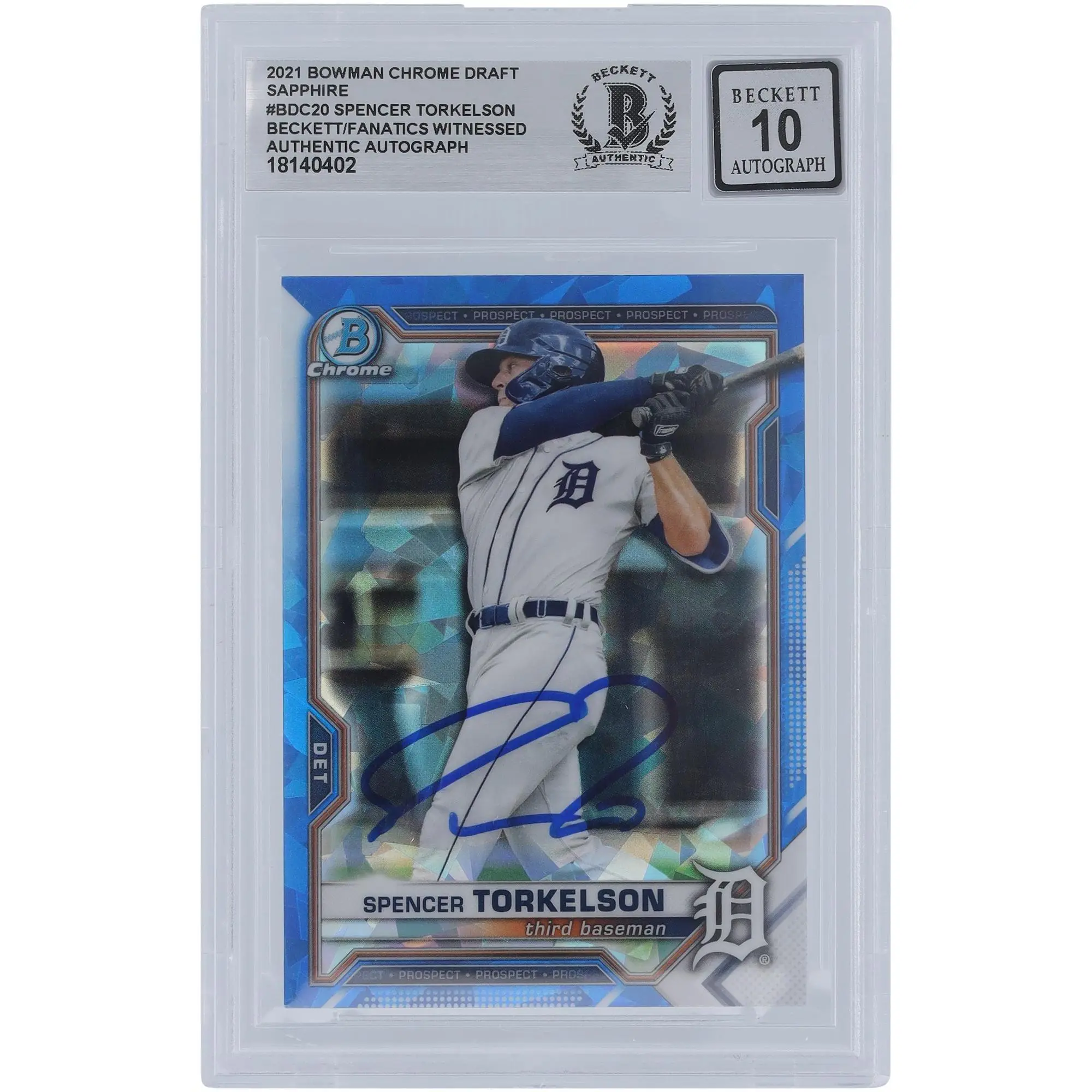 Spencer Torkelson Detroit Tigers Autographed 2021 Bowman Chrome Draft Sapphire #BDC-20 Beckett Fanatics Witnessed Authenticated 10 Card - Fanatics Authentic Certified