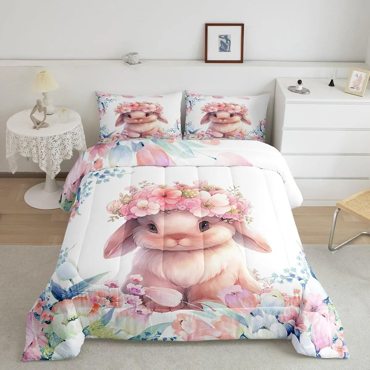 Feelyou Artistic Cartoon Bunny Duvet Set - Geometric, Floral, Abstract Art Animal Print Pattern All Over Print Bedding, Breathable Modern Farm Linens, Toddler Bedroom Decor, Multi-Size, Machine Washable, Animal Print Pattern Duvets & Sets