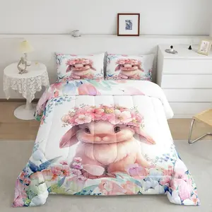 Feelyou Cartoon Bunny Duvet Set - Cute Rabbit-Designed Bedding with Floral Prints, Farm-Themed Luxury Linens, Multi-Size, Machine Washable