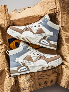 Men's Laced Thick Sole High Top Colorblock Sneakers, Comfortable Inner Liner, All-Season Casual Outdoor Sports Skate Shoes, Trendy Sneakers