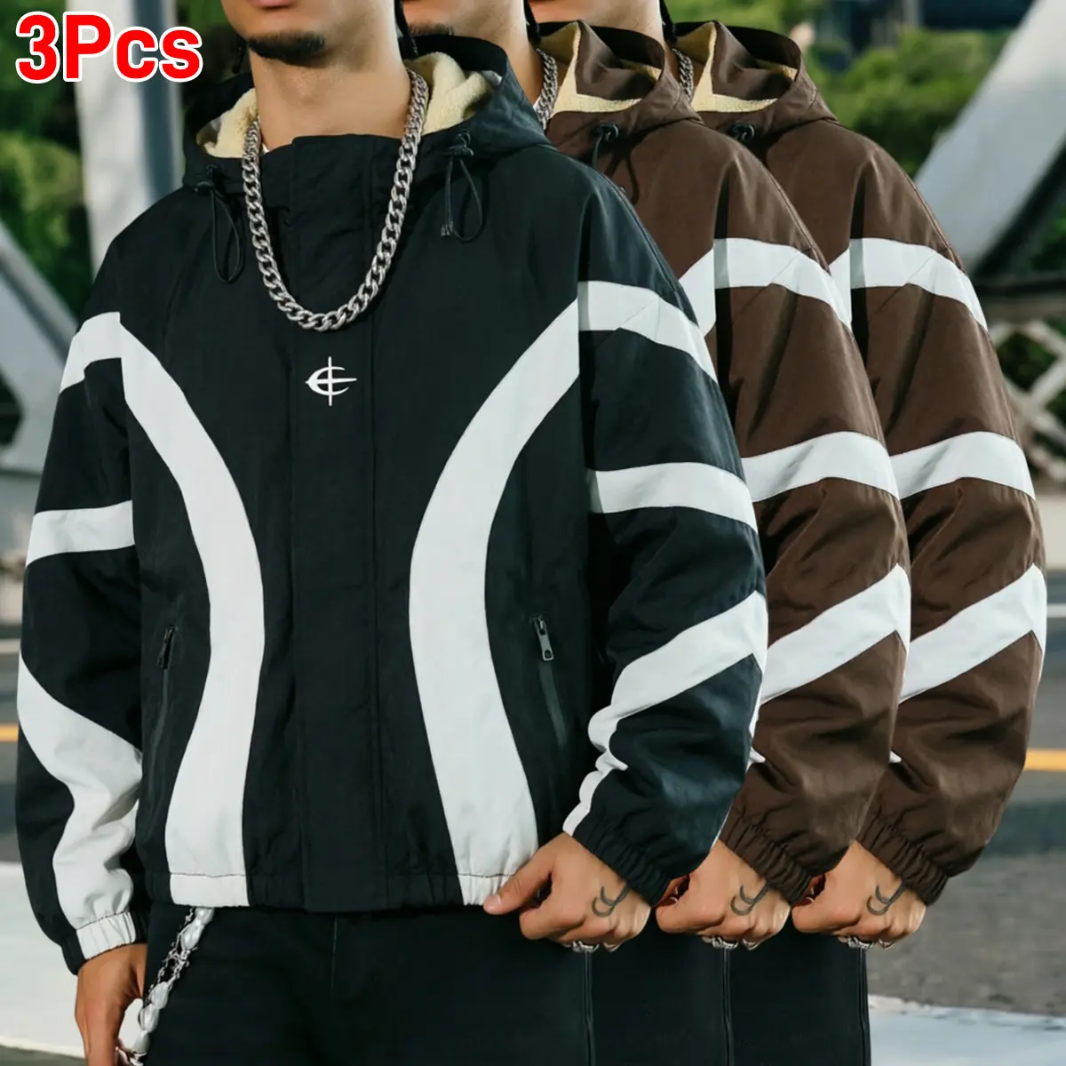 Men’s 3-pack warm hooded jacket set with polyester lining and down padding; windproof, breathable zip-up jacket with adjustable drawstring hood and side zippered pockets; curved white print design; anti-shrink and colorfast casual jacket suitable for vari