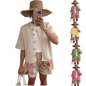 Women’s lightweight wool cardigan sweater with short sleeves and buttons, summer knit casual basic minimalist, autumn top