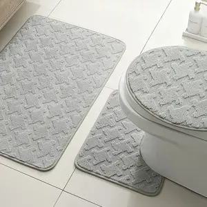 3-Piece Non-Slip Soft Bathroom Floor Mat Set, Super Absorbent Rubber Bottom Bath Rug, Toilet Lid Cover U-Shaped Pedestal Pad, Shower Mats