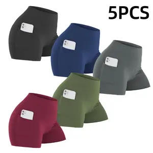 CHRLEISURE 5PCS  Women's Shorts With Pockets High Waisted Bikershorts For Exercise & Yoga Shorts Leggings Gym Bikershorts