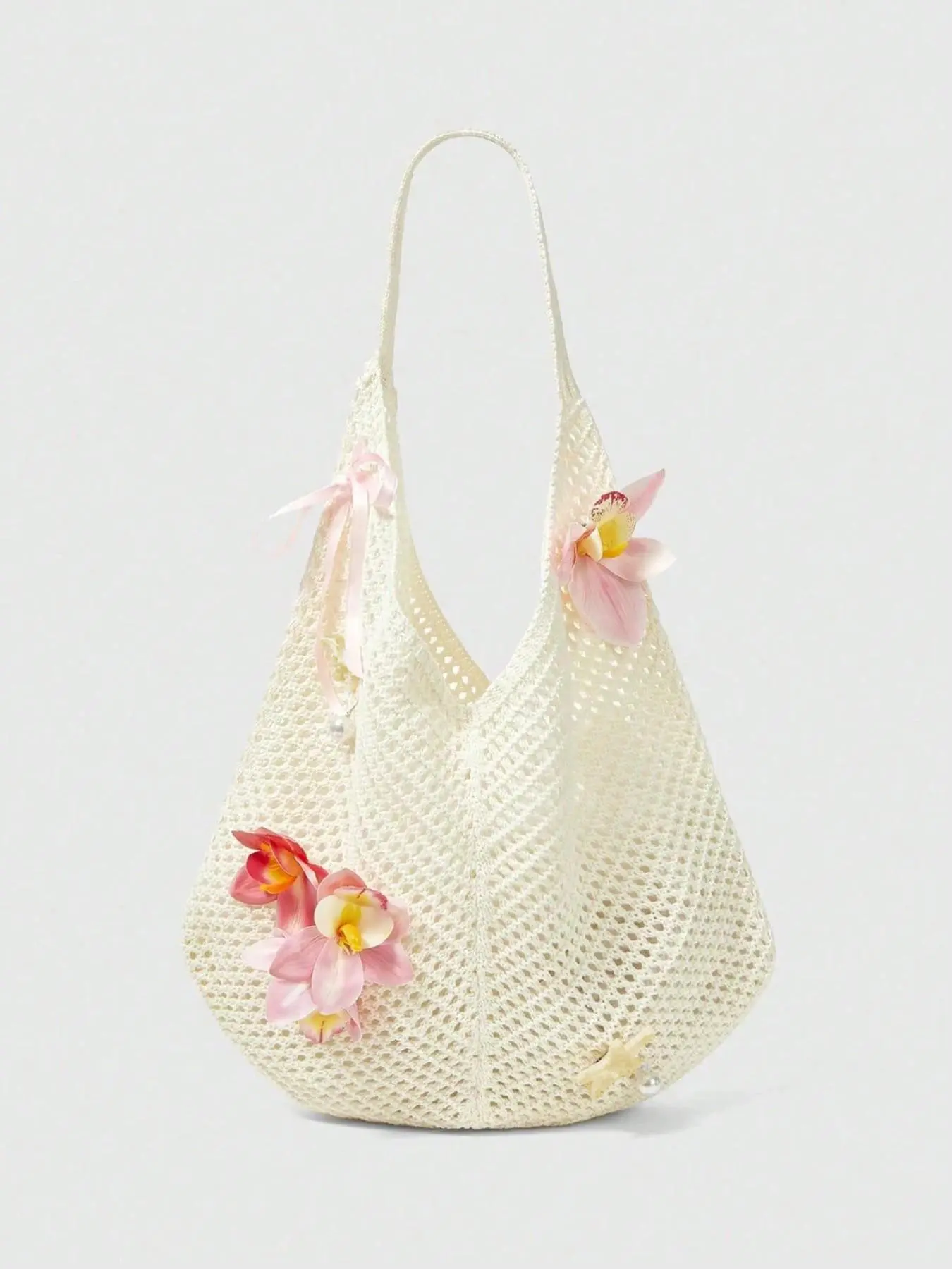Fashionable, simple, versatile, fresh and artistic style hollow tote bag, loose and lazy bag shape, flower embellishment decoration, ribbon pearl details, large capacity design, preferred accessory for daily travel and vacation Stylish tote bag