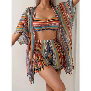 Women's 4 Pieces Bikini Set Swimsuit Tropical Beach Bikini Shorts Cover up Swimwear Bating Suit Hight Wasted Boho Tie-Front Bust Design #ValentinesDay