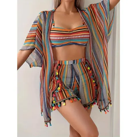 Women's 4 Pieces Bikini Set Swimsuit Tropical Beach Bikini Shorts Cover up Swimwear Bating Suit Hight Wasted Boho Tie-Front Bust Design #ValentinesDay