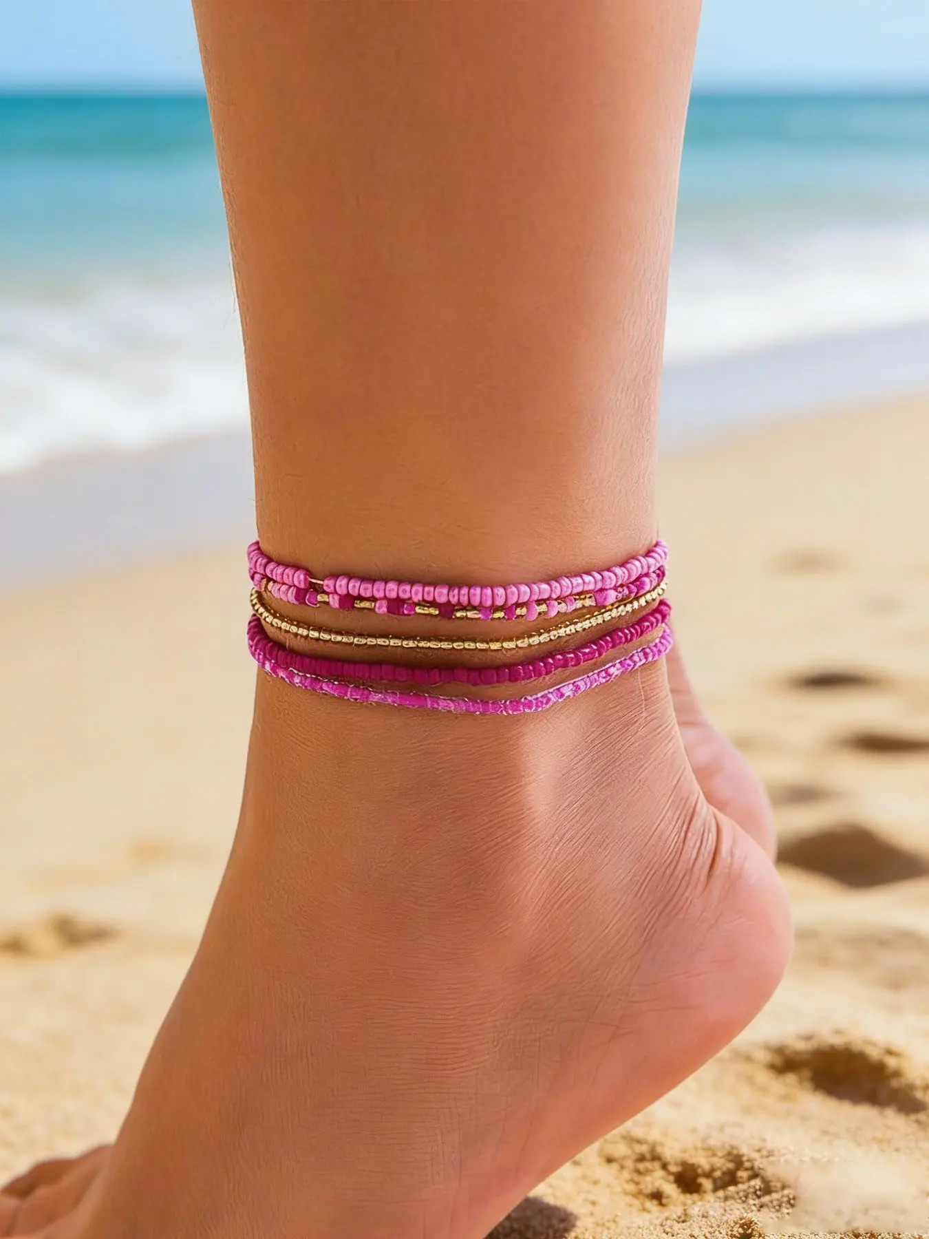 Women Adjustable Leg Bracelet Set, Wedding Bride Jewelry, Layered Pearl Beaded Anklets, Glass Beads, Bikini Beachwear Accessories