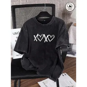 Es Trus Cotton, Summer Women's Fun Print Hip-Hop "XOXO" Unique Letter Personalized Pattern Print Street, Korean Comfortable Retro Fashion Commuting All-Match Y2k Clothing Women's Clothing, Suitable For Outdoor Leisure, Regular Niche Punk Style Black Well