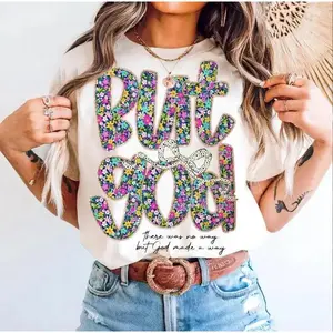 FEEGO Women's Fitted Casual Fashion Short-Sleeve Print Floral "But God" Christian Sports Top, Vintage Religious Jesus Apparel, Gift for Her