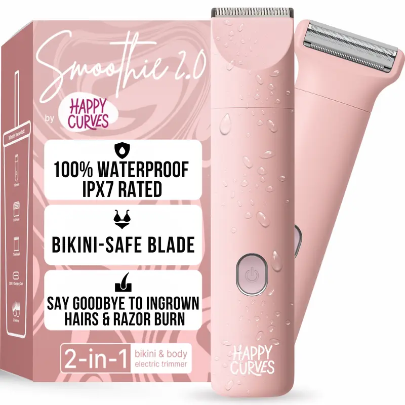 HAPPY CURVES Smoothie 2.0 Bikini Trimmer - Electric Razor for Women, Waterproof Hair Groomer with Adjustable Guards, Personal Shaver for Pubic Hair, Ladies Intimate Shaver and Body Trimmer