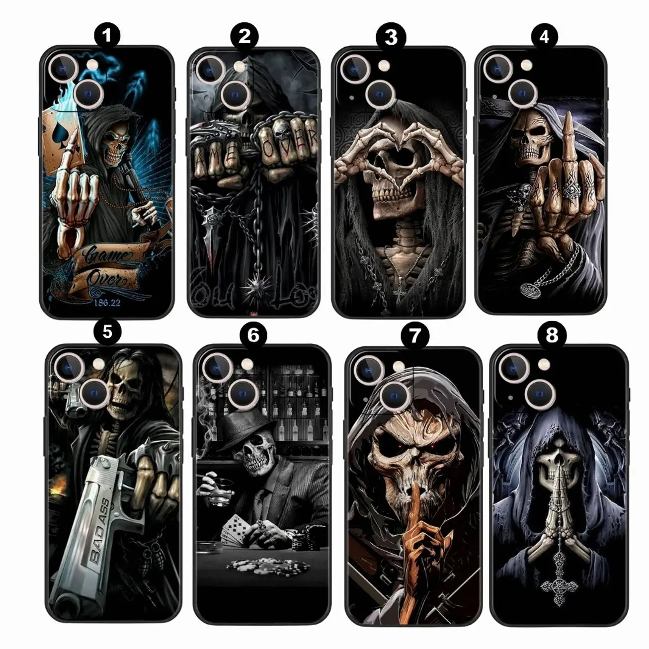 Grim Reaper Skull Skeleton Call Phone Case for iPhone X, 11, 12, 13, 14, 15 & more –  SS Galaxy S21 to S25 Ultra, Plus with Suction