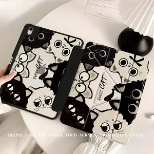 Cute Little Cat Foldable iPad Case With Pencil Holder Slim Shockproof Hard Acrylic Back Cover Auto Sleep Wake Compatible with iPad 10/9/8/7, Air 2/3/4/5/6/7, Pro 9.7/10.5/11/12.9 Inch